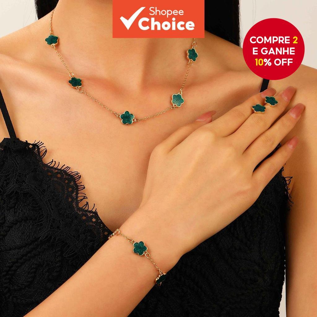 3 Peças Conjunto De Joias De Trevo De 5 Folhas Da Sorte Feminino Colar Brincos Pulseira Presente