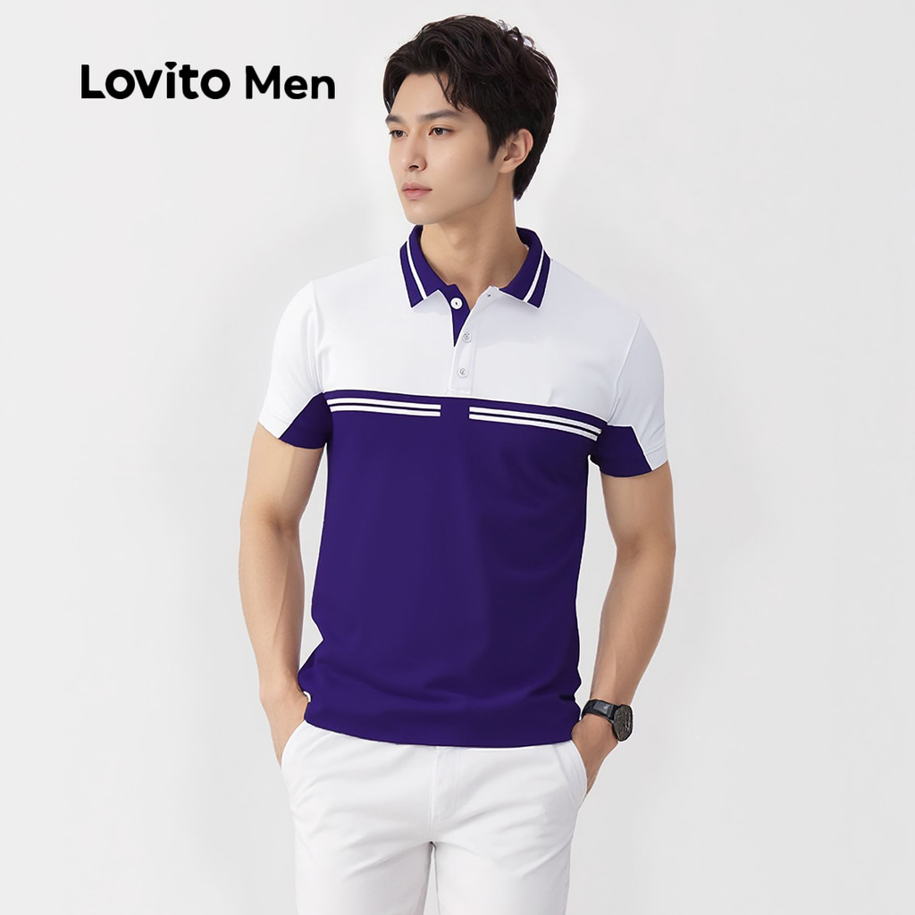 Detalhes do Lovito Camisa Pólo Casual Colorida de Primavera/verão - Camisa Pólo Azul Escura para homens LNE110040