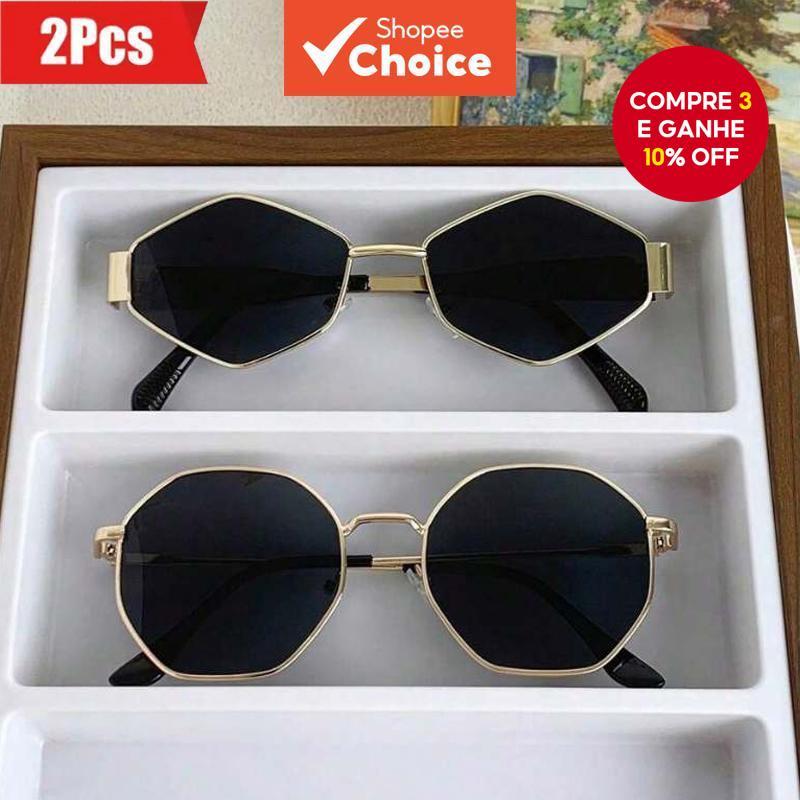  2 peças de óculos de moda feminina, armação de metal losangular e hexagonal, óculos Y2K, estilo retrô.