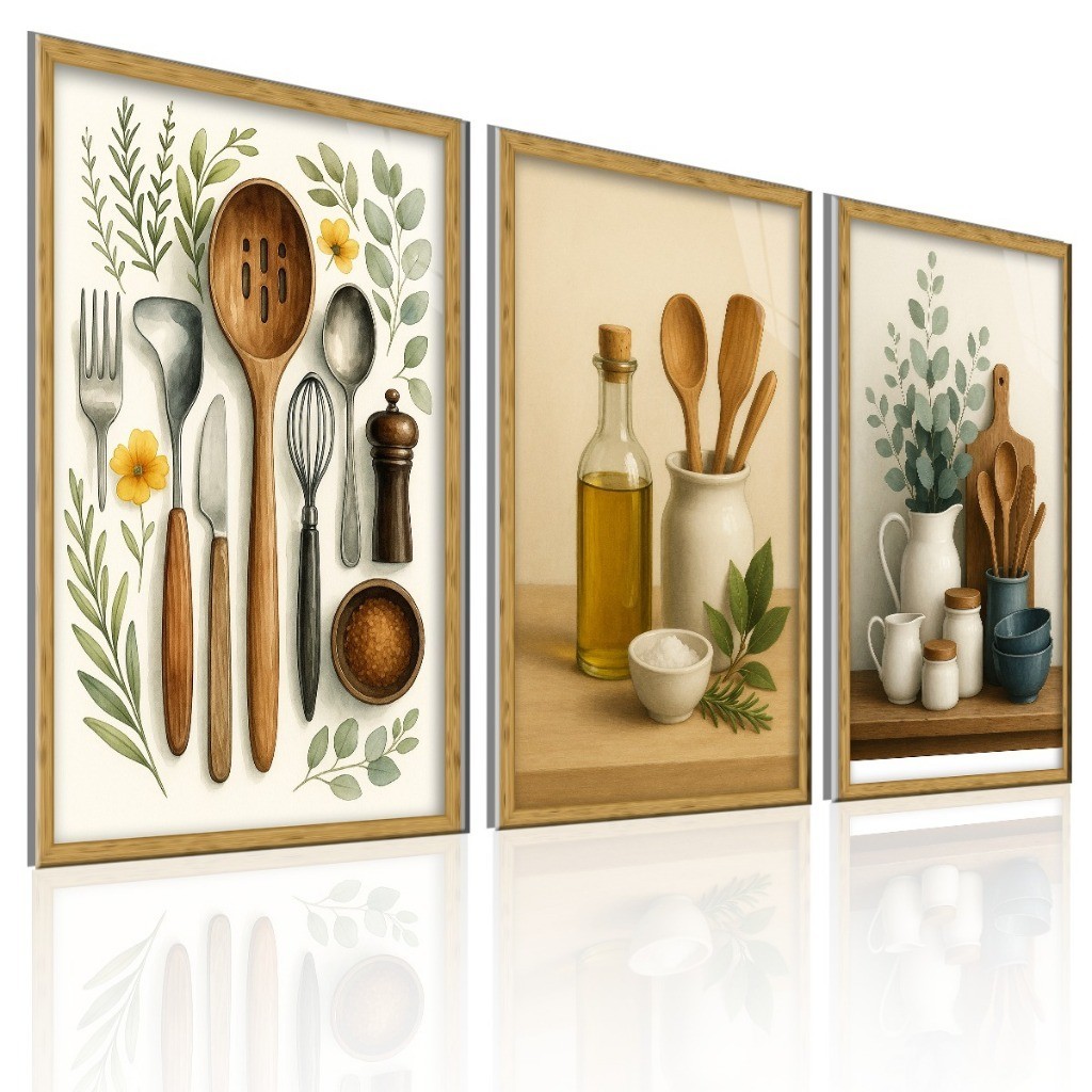 Kit 3 Quadros Decorativos Utensílios Cozinha Gourmet Moderno Sala Jantar Parede Exclusivo Grande Hall Sala