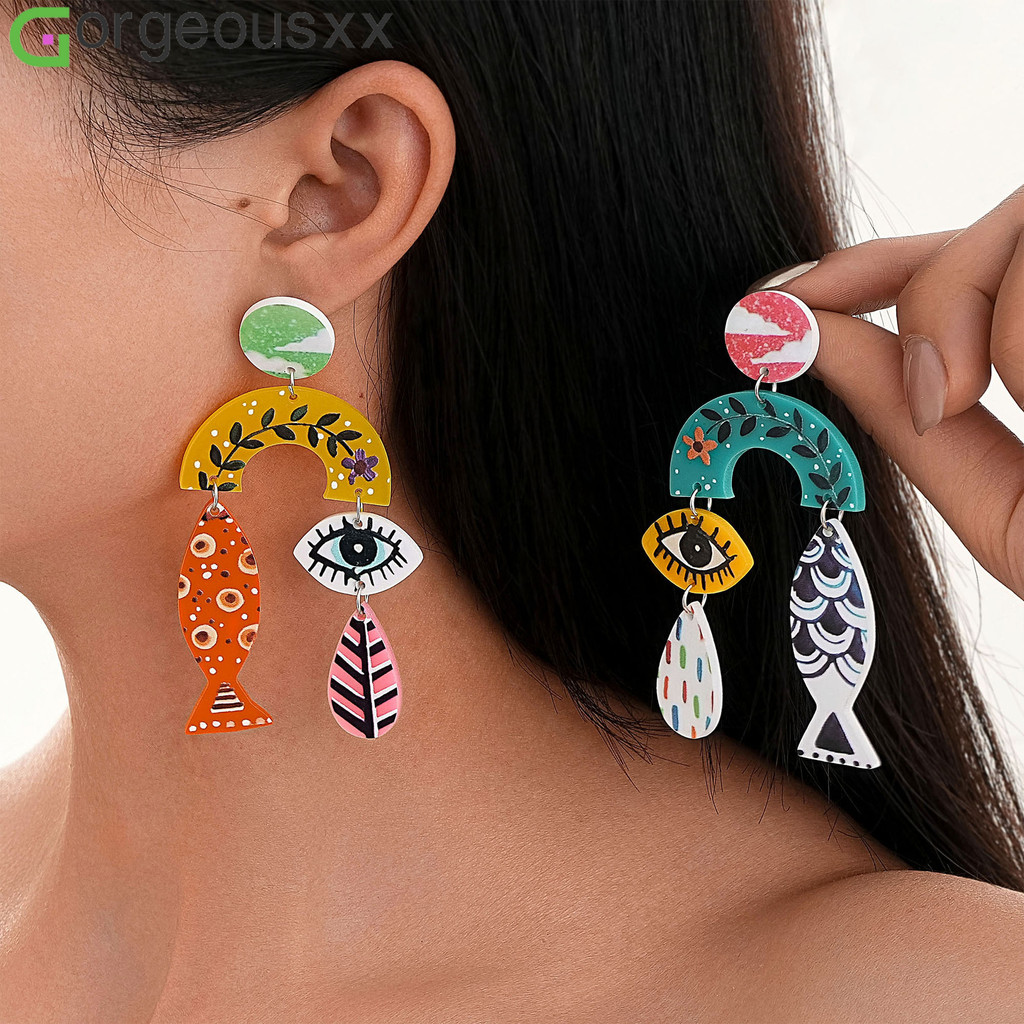 [Gorgeousxx] Brincos De Folha De Olhos De Peixe Estilo Desenhados À Mão Personalizados Para Mulheres Joias Exageradas em Oferta na Shopee