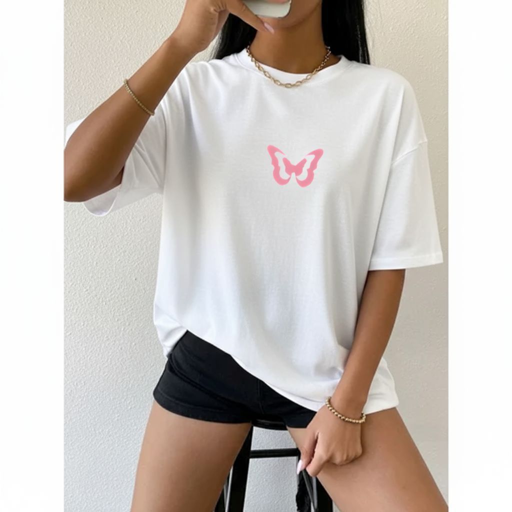 Camiseta Oversized Feminina Borboleta 100% Algodão Tshirt  Academia Treino Fofa casual