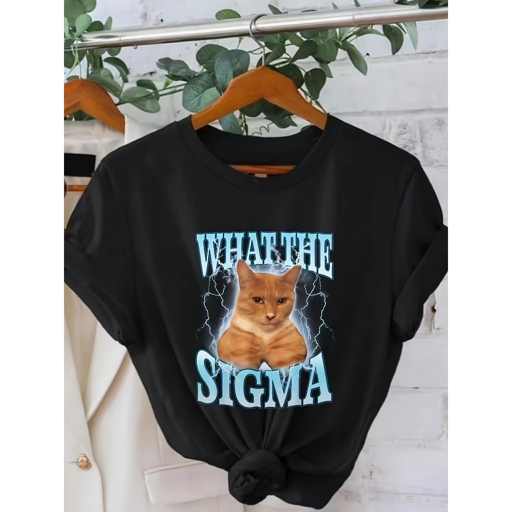 BR.Moonlight Camiseta "What the Sigma" Gato Relâmpago Divertida Confortável Estilosa Casual