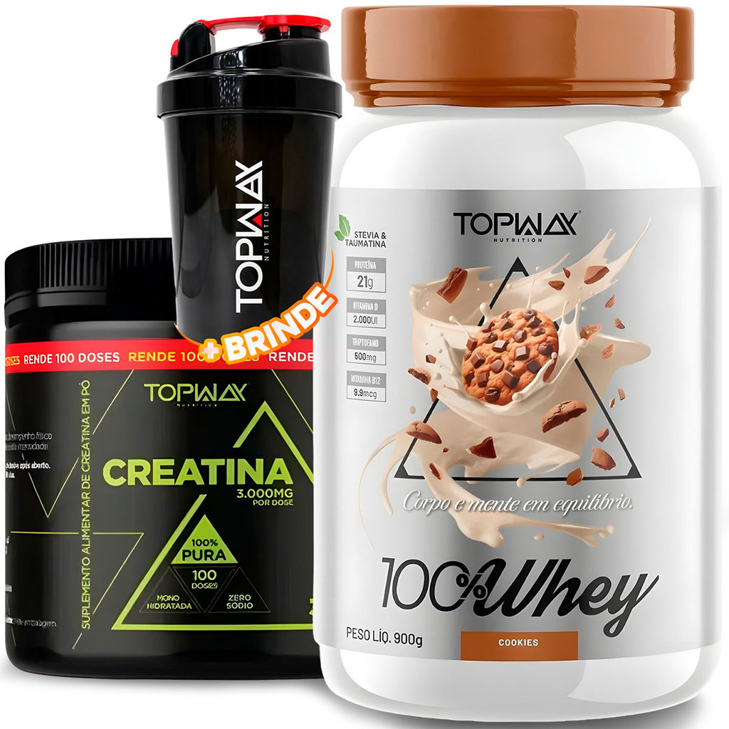 TopWay Suplemento Alimentar Whey Protein 100% 900g Cookies + Creatina em Pó 300g Monohidratada