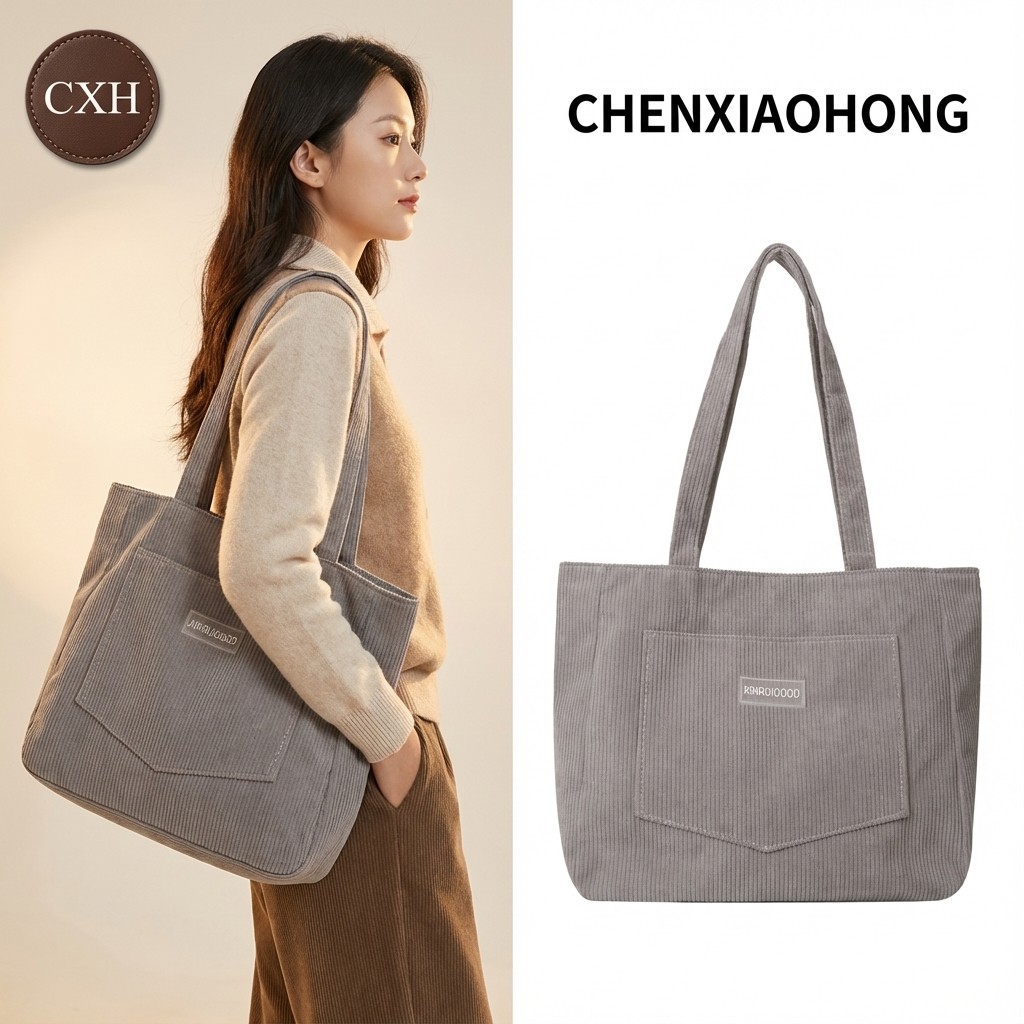 CHENXIAOHONG Bolsa de ombro feminina em veludo cotelê, estilo vintage, grande capacidade, ideal para compras.