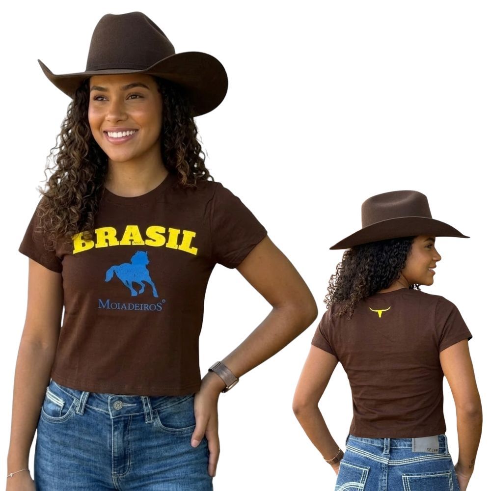 Camiseta Cropped Feminino Os Moiadeiros Manga Curta Marrom Estampada Brasil Horse Ref:CROP008