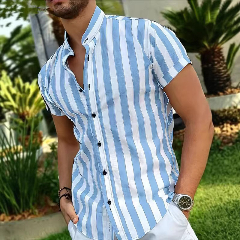 Camisa masculina Casual de manga curta Camisa gola listrada solta manga curta Camisa