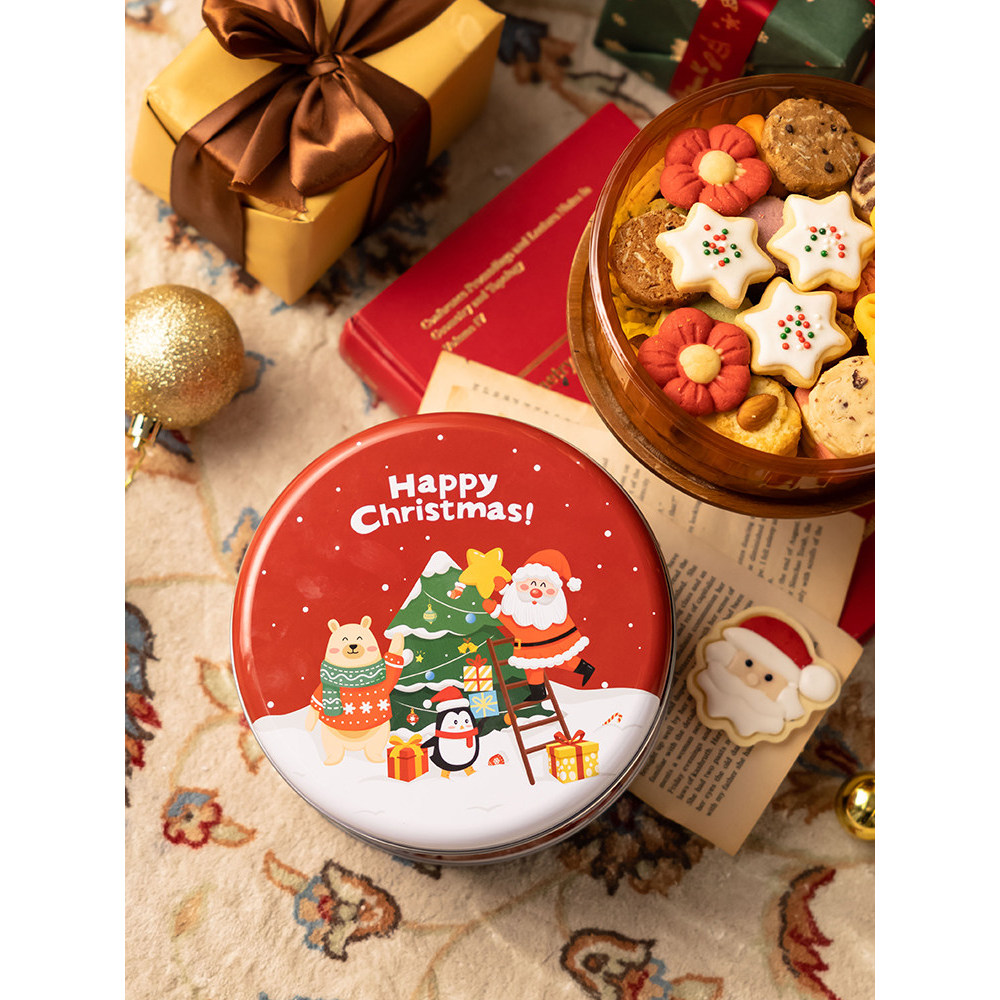 Presente de natal caixa de presente embalagem de presente caixa de lata redonda véspera de natal caixa de doces lata vaz