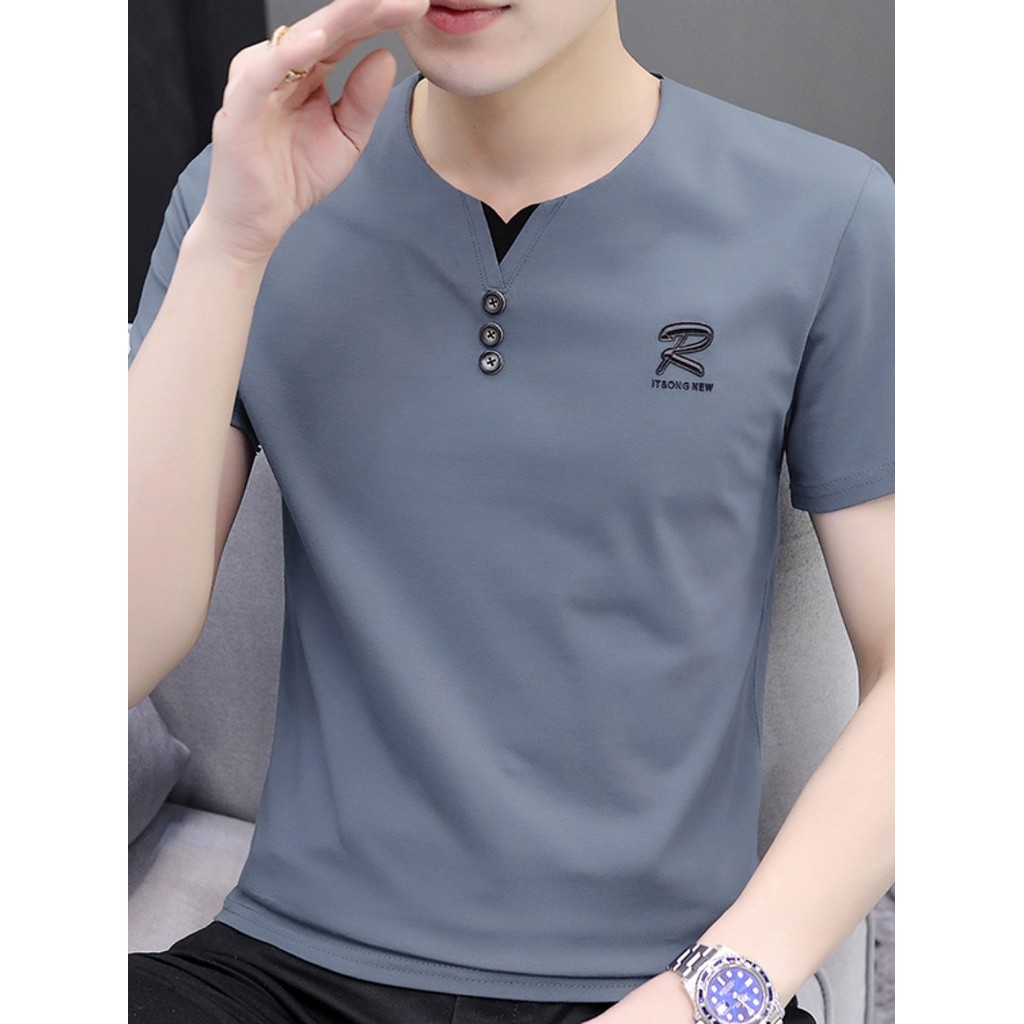 Roupas masculinas 2026 novo estilo camiseta de manga curta masculina puro algodão roupas superiores com decote em v simp