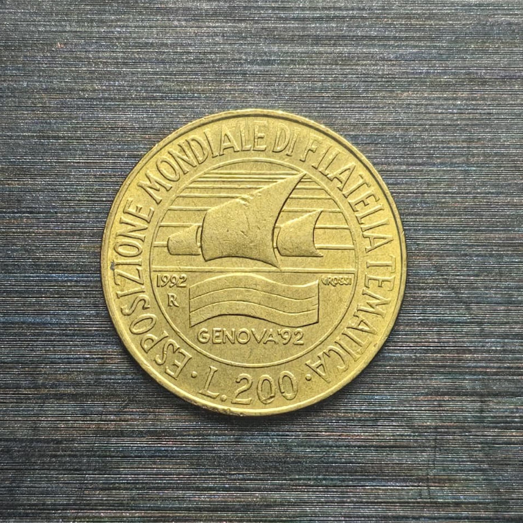 Itália - 200 Liras de 1992, comemorativa a Exposição Mundial de Filatelia Temática (Genova 92), em Bronze-Alumínio