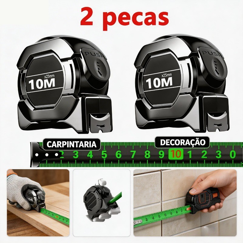 2 Peças Trena Profissional Fita Métrica Fluorescente Com Trava 10M