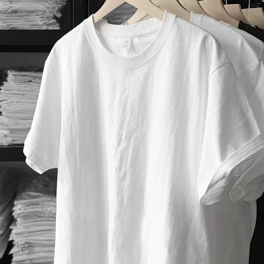 Xinjiang algodão 200g branco pesado puro algodão grosso manga curta camiseta cor sólida solta masculino feminino básico 