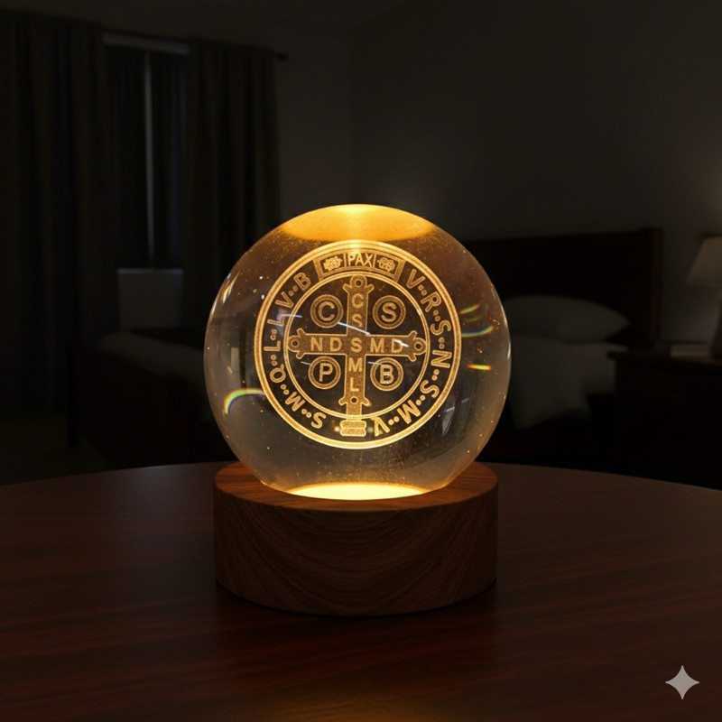 Luminária Mesa Nossa Senhora Aparecida Sagrada Família Decorativa Design 3D Base Madeira Luz LED