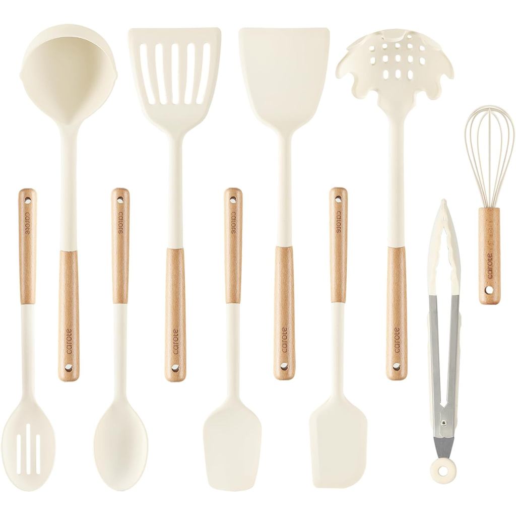 Conjunto de Utensílios de Cozinha CAROTE com 10 Peças, Utensílios de Cozinha de Silicone com Cabo de Madeira para Conjun