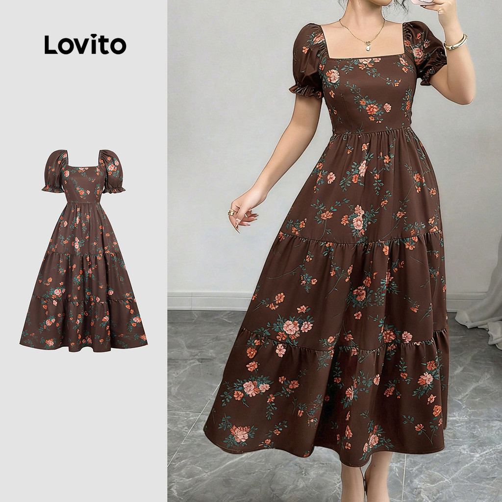Lovito Vestido Elegante com Padrão de Zíper Cor Marrom Primavera/verão para mulheres L34LD150 em Oferta na Shopee