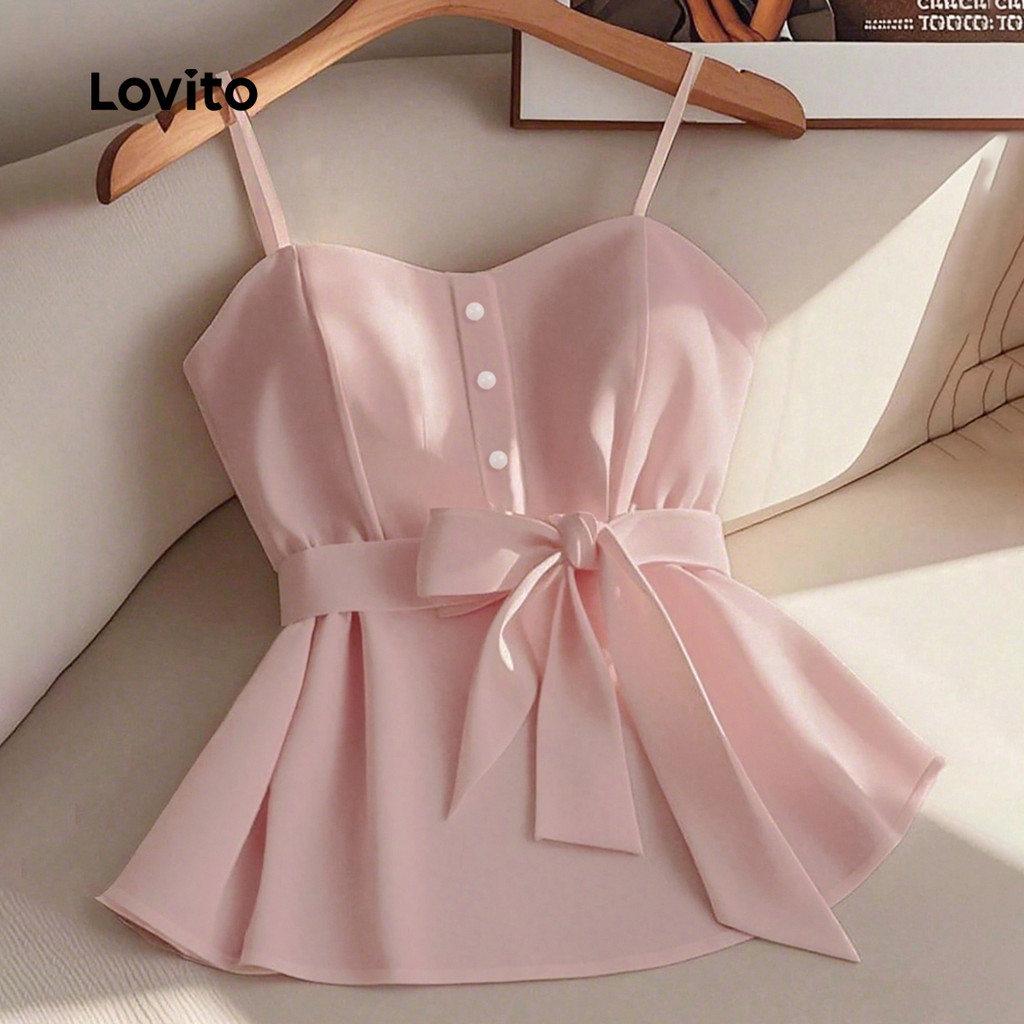 Lovito Casual Top de Renda com Botões Na Frente para Primavera/verão Blusa Rosa 