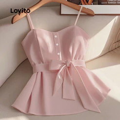 Lovito Casual Top de Renda com Botões Na Frente para Primavera/verão Blusa Rosa para Mulheres Bordado L150ED614
