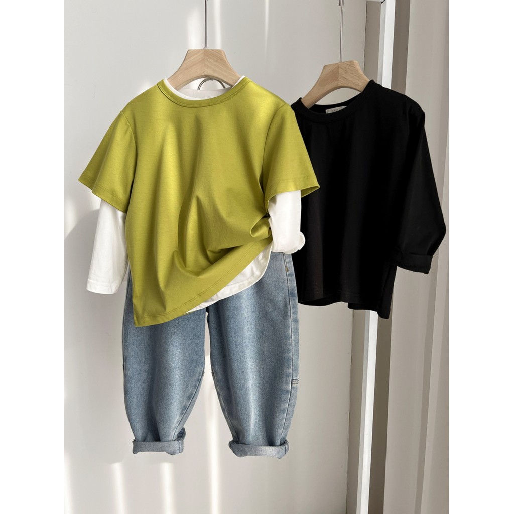 Crianças puro algodão solto camisa de fundo meninos meninas em torno do pescoço algodão manga comprida camiseta em camad