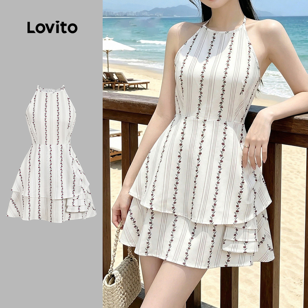 Lovito Vestido Casual Assimétrico de Duas Peças Falsas 2 em 1 para Primavera/ver