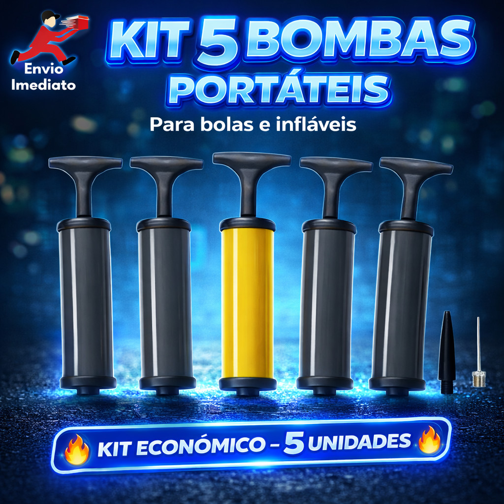 Kit 5 Bomabar de Ar de Encher Bola Com Bico Bomba Manual Inflar Bolas Futebol Basquetes Boias Pneus Amarelo e Cinza