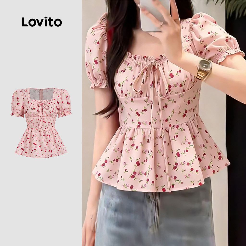 Lovito Blusa Fofa com Laço e Babado Camisa Rosa Primavera/verão para Mulheres L183AD174