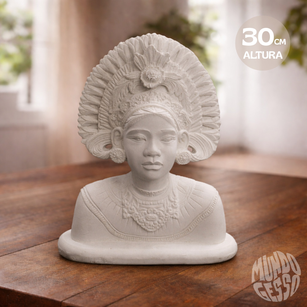 Imagem Busto Deusa Asteca com Coroa de Penas - 29x23x09cm em Gesso para Pintar Grande