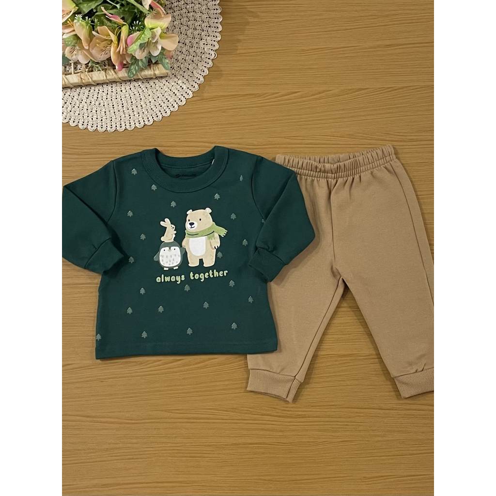 Conjunto Infantil Menino Brandili com Calça e Moletom Flanelado Verde Escuro Bichinhos na Neve