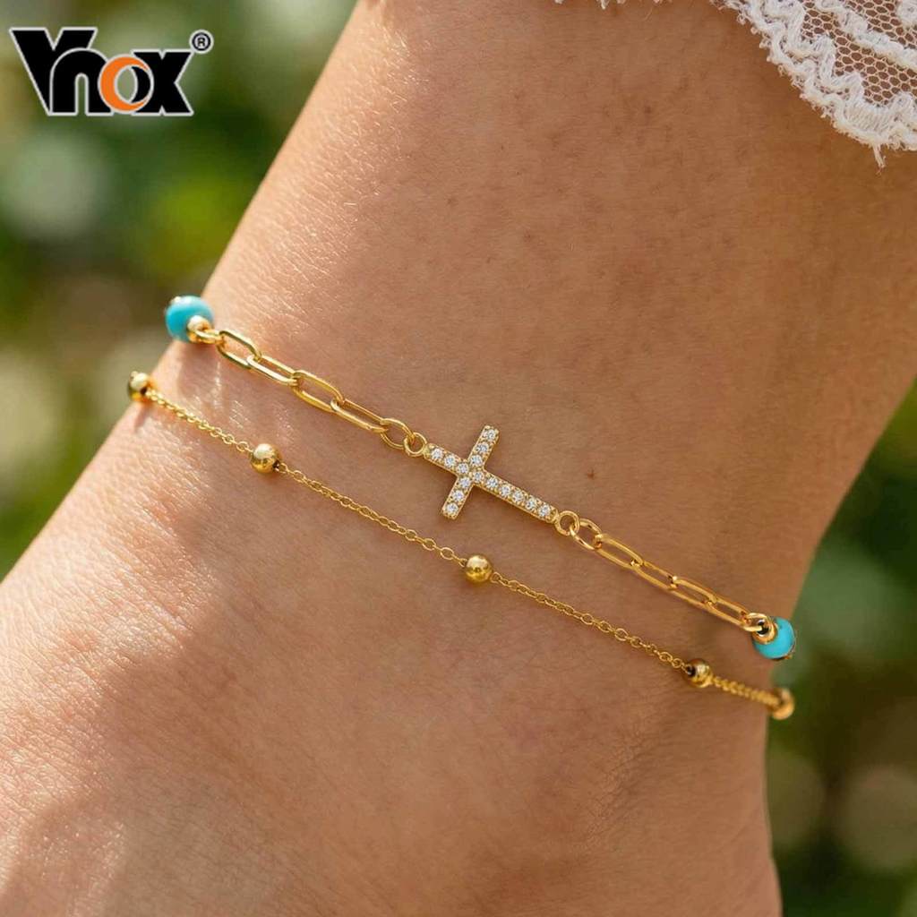 Tornozeleira Vnox Ouro 18K Sem Desbotamento Turquesa Zircão Cruz De Camada Dupla Para Mulheres , Joias Elegantes Pés