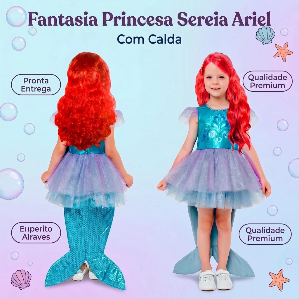 Vestido Fantasia Sereia Ariel Princesa + Calda para Decorar Festa Infantil