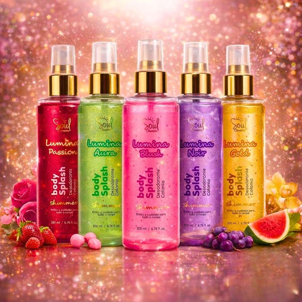 Body Splash Lumina Glitter Soul Cosméticos 200ml Perfume com Brilho Glow Intenso e Fixação Prolongada