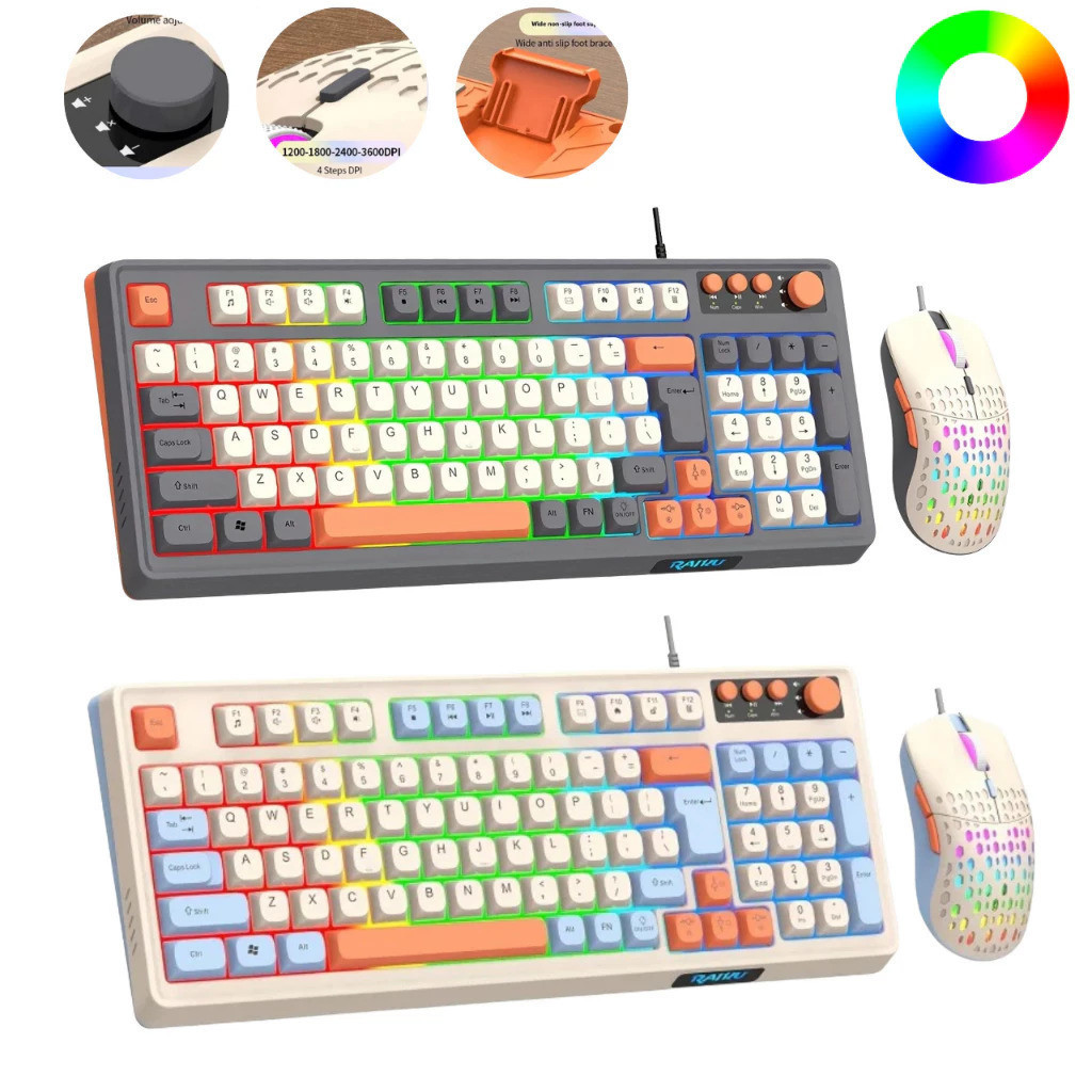 Kit De Teclado E Mouse Para Jogos Com Fio Combinações De Três Cores Iluminadas 98 Teclas