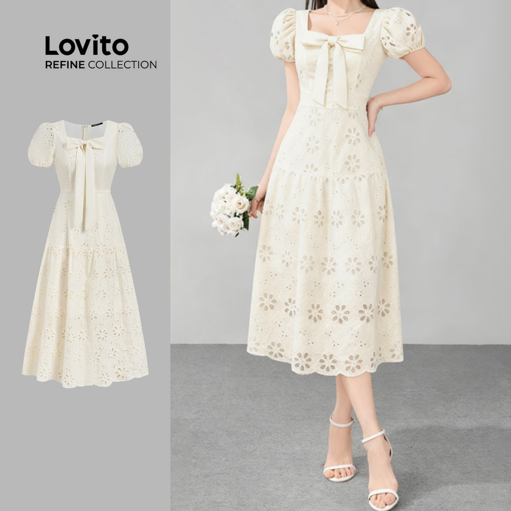 (Lovito Refine) Vestido Casual De Algodão Bordado Com Laço Drapeado Cor Off-white Ideal Para Primavera/verão LR26A324