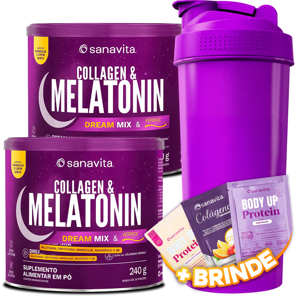 2x Colageno Verisol Collagen & Melatonin Sanavita 240g  Maracujá Capim Limão + Coqueteleira 600ml