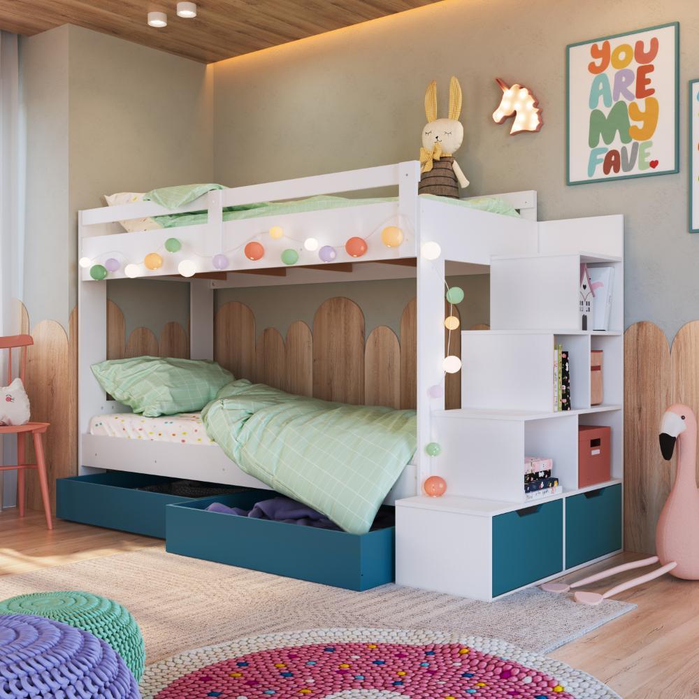 Cama Beliche Infantil Escada com 2 Gavetões Branco Azul