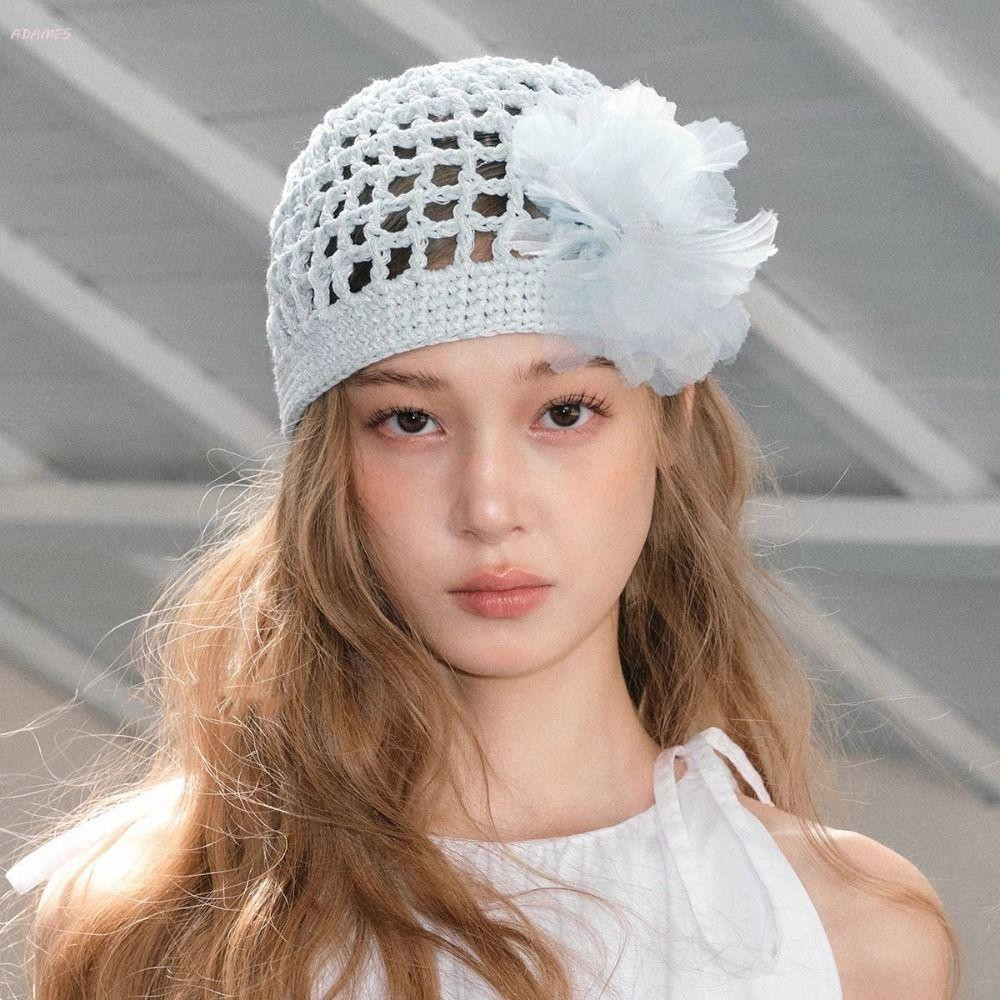 Gorro Adams Sem Aba Feito à Mão com Flor de Crochê Estilo Boêmio Exquisito Chapéu Étnico Coreano Tricotado EEUM