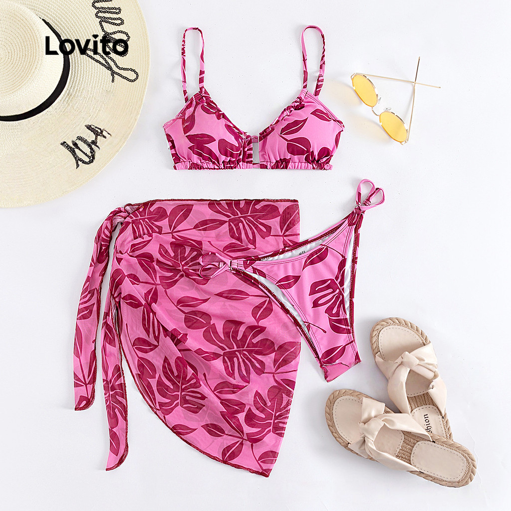 Lovito Conjuntos de Biquíni Sexy 3 Conjuntos de Biquíni Rosa com Amarração para Mulheres Primavera/Verão LNE126022 em Oferta na Shopee