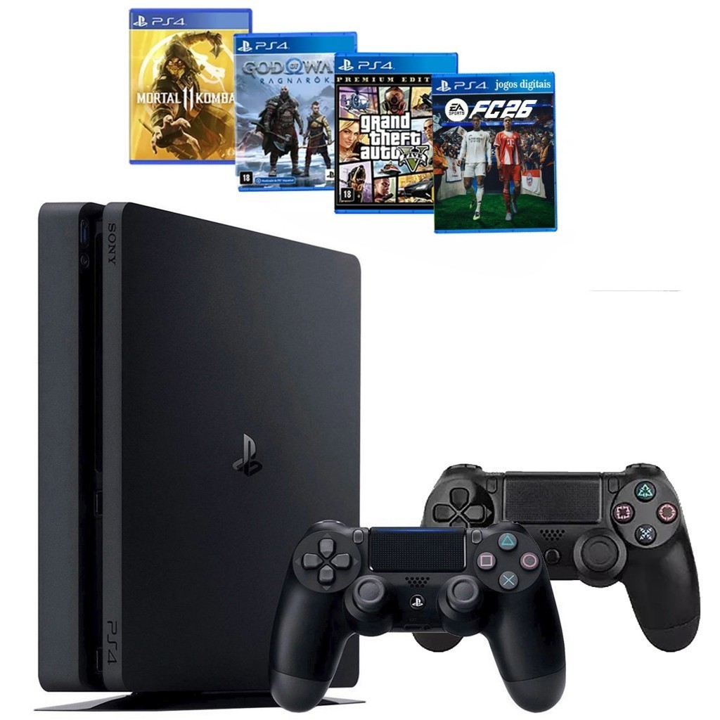 Console P.S.4 Slim 500GB c/ 2 Controles + 4 Games (FC26/Gta/God/Mk)