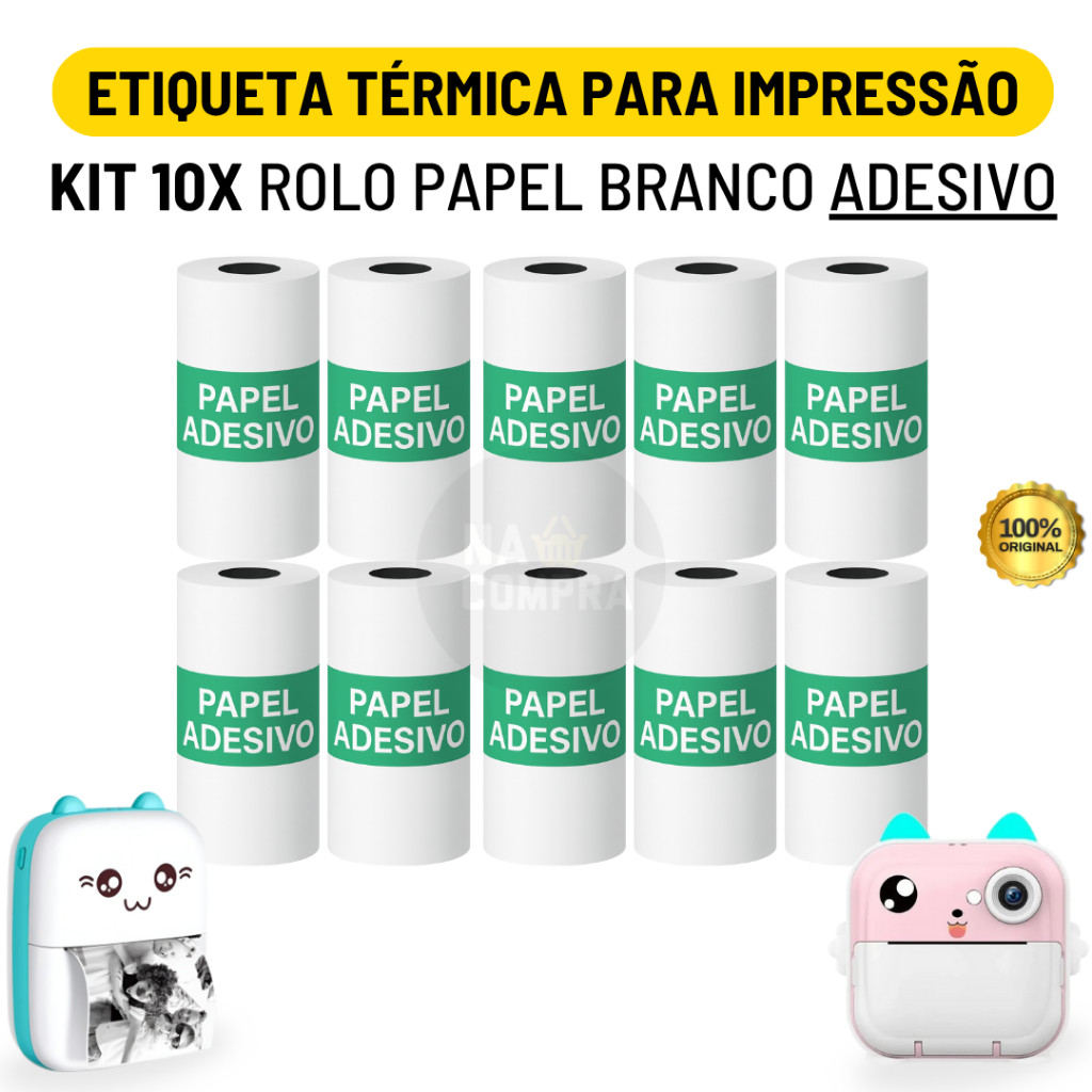 Imagem Kit 10 Bobina Etiqueta Térmica Adesiva 57x30mm Branco Rolo Mini Impressora Portátil a Prova De Água
