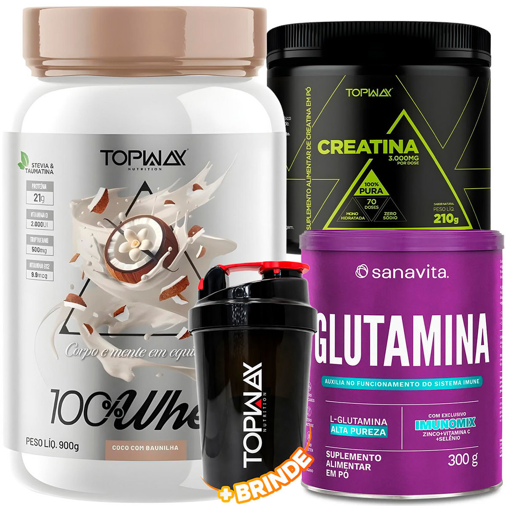 TopWay Suplemento Alimentar Whey Protein 900g + Creatina em Pó 210g + Glutamina em Pó 300g