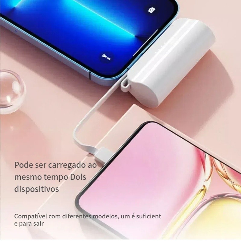 Carregador Mini Power Bank 5000mAh Bateria Sem Fio 2em1 Carregador Portátil para iPhone e Tipo-C