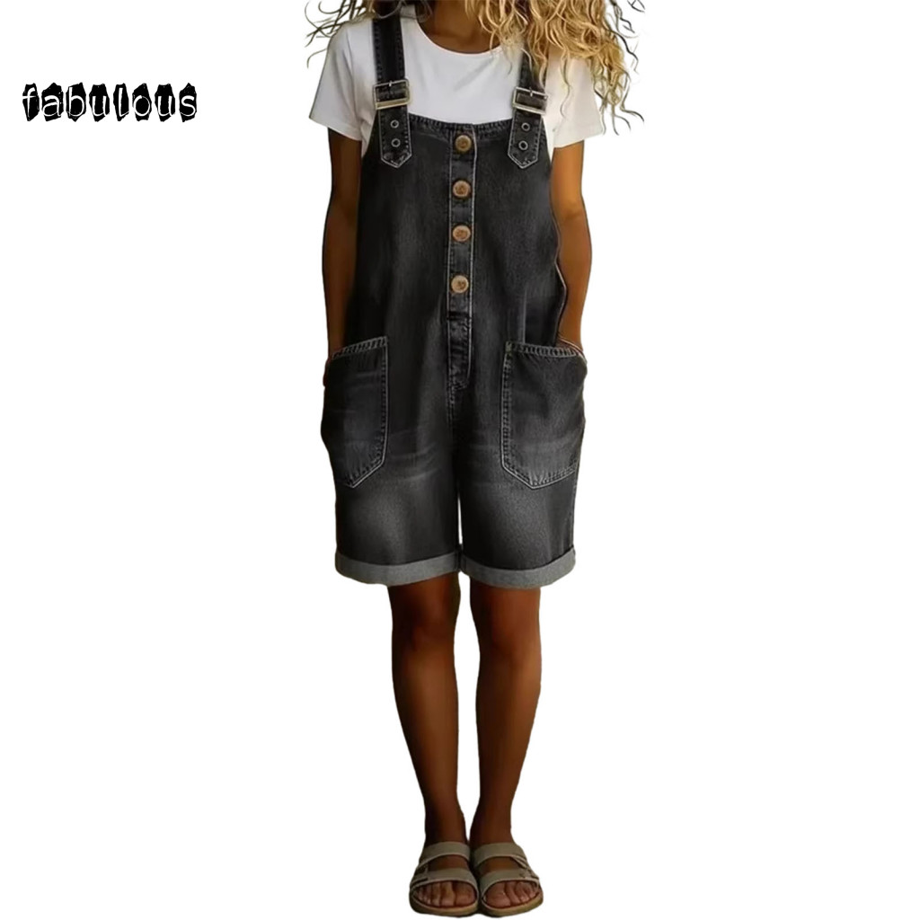 Vintage Cargo Pants Relaxed Fit Overalls Women’s Denim Bib Overall Shorts – Button Front Wide Leg Loose Adjustable S