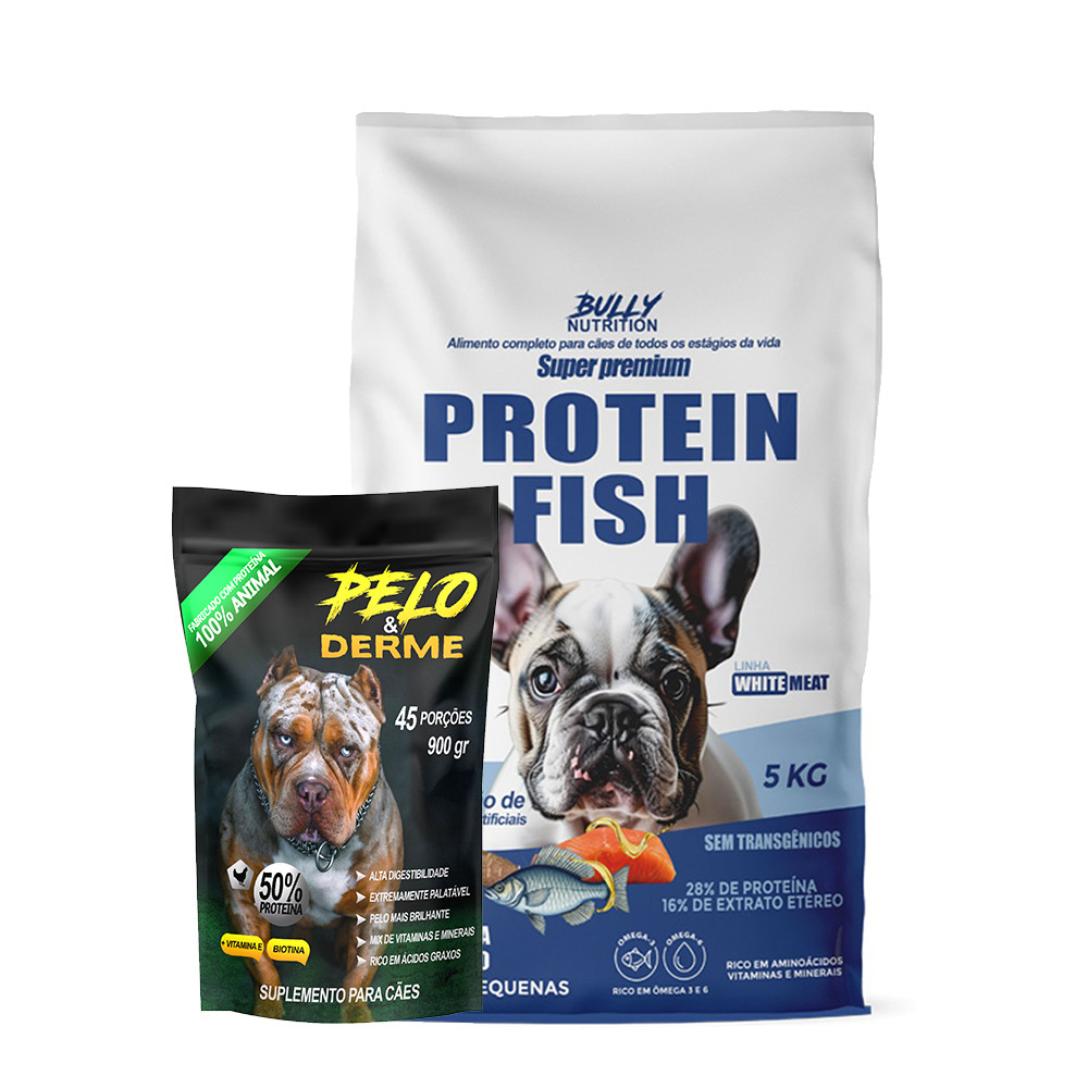 Ração Protein Fish Raças Pequenas 5kg + Suplemento Bully Pelo & Derme 900g + Moringa Dog 60g