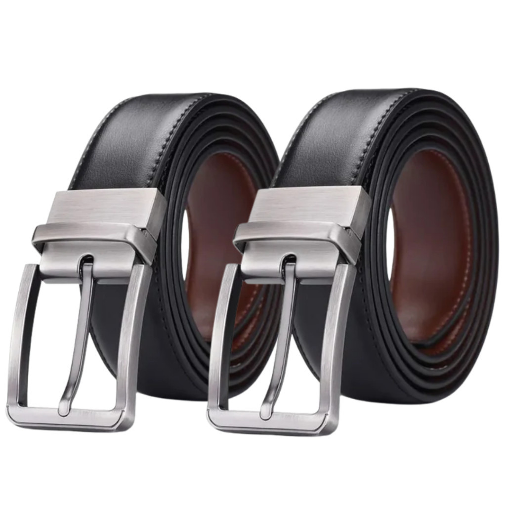 Kit 2 Cintos Masculino Em Couro Legitimo Dupla Face Slim Otimizado Reforçado Preto e Marrom