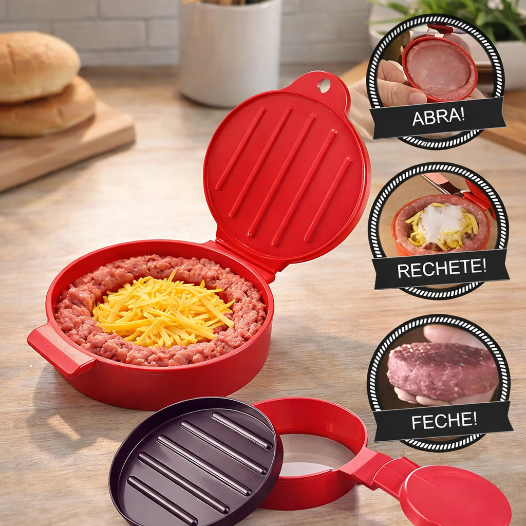 Forma  Moldar  Hamburguer Recheado Caseiro Artesanal Prensa Molde Modelador  11cm Vermelho Primax