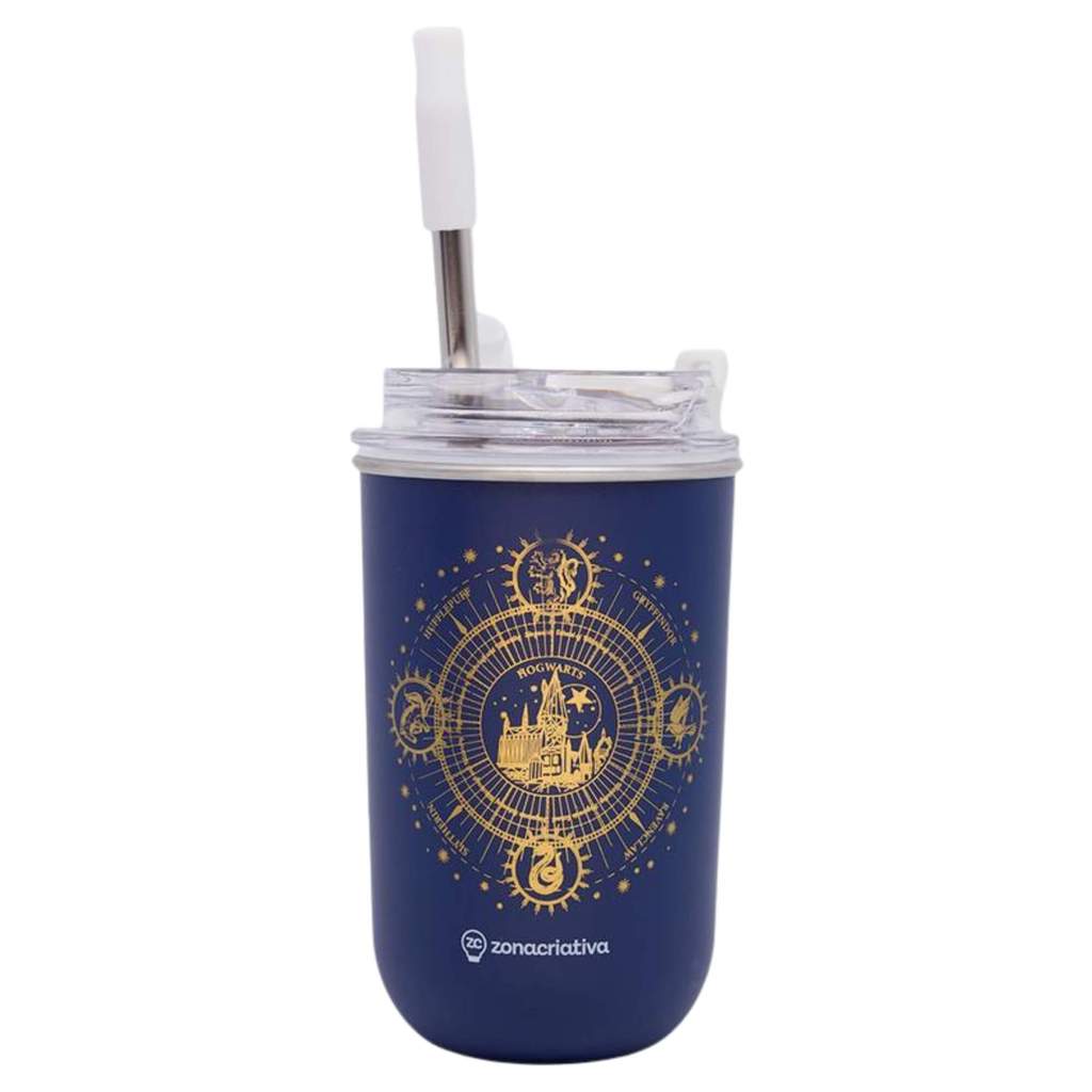 Copo Neo com Canudo 300ml Hogwarts Blue Zona Criativa - 10026749