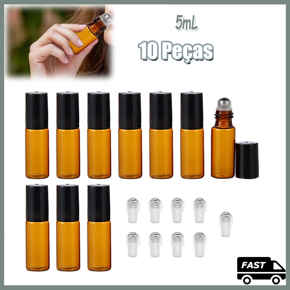 10 peças frascos de rolo de óleo essencial de vidro de massagem para amostras de perfumes 5ml Tampa de Preto plástico