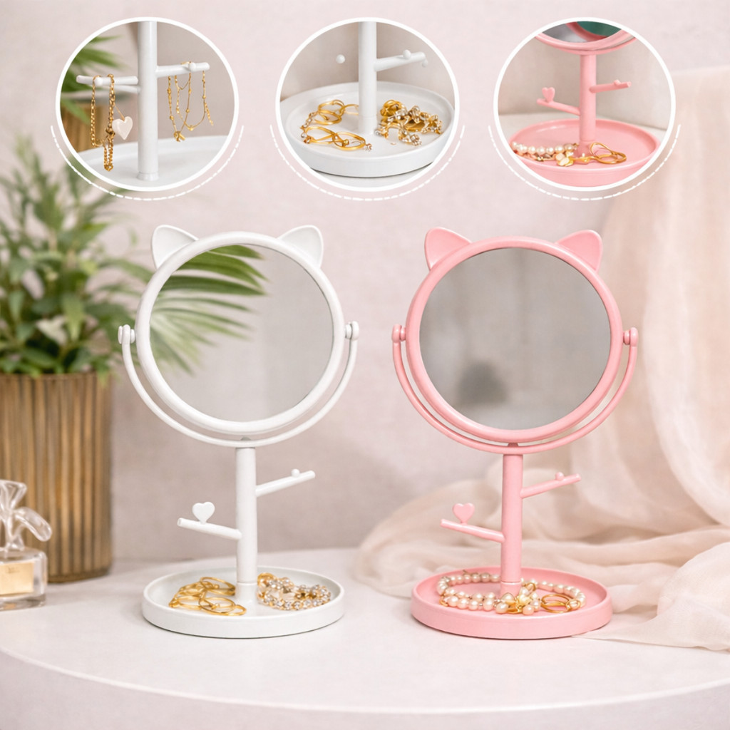Mini Espelho de Mesa Formato Gatinha Penteadeira Porta Bijuteria