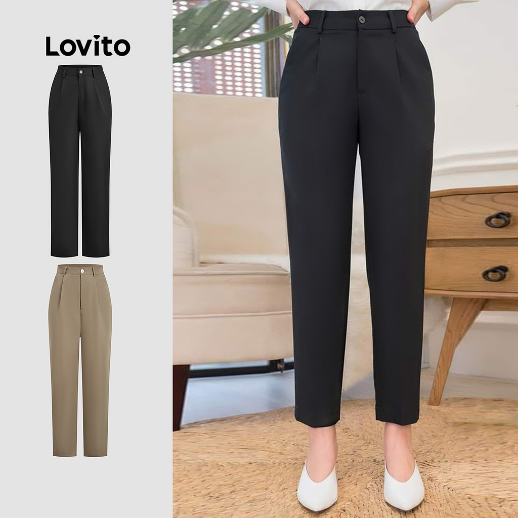 Lovito Elegante Calças com Botão Zíper Primavera/verão Calças Pretas para Mulheres L142LD264