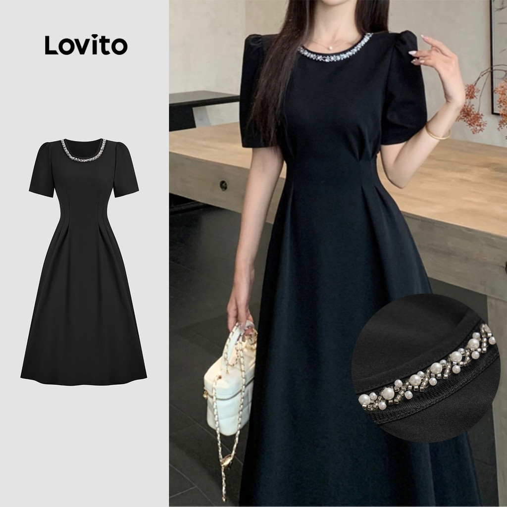Lovito Elegante Vestido com Pérolas Vestido Preto de Primavera/verão Macio e Confortável para mulheres L137ED163 · foto 2
