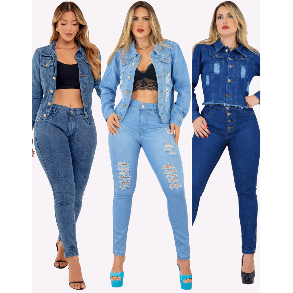 Conjunto Feminina Jaqueta Calças Premium Lycra Roupas Femininas Coloridas Novo Cintura Alta Jeans
